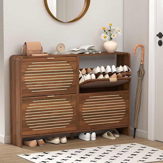 47" Large Shoe Storage Cabinet with 4 Flip Drawer Arched Fluted Pattern, Farmhouse Hidden Narrow Curved Corner Shoe Organizer for Entryway,Living Room (Walnut,with Divider)