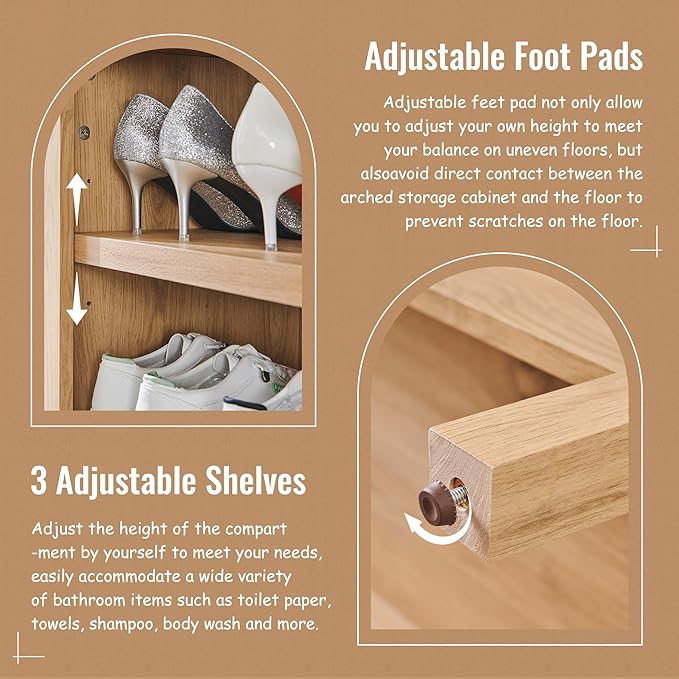 71" Tall Arched Bathroom Storage Cabinet, 7-Tier Modern Farmhouse Storage Cabinet with Adjustable Shelves, Wood Freestanding Cabinet for Bathroom, Living Room, Entryway, Hallway (Natural)