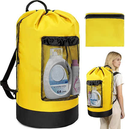 Laundry Bag Backpack with Shoulder Straps and Mesh Pocket Foldable Clothes Hamper Bag with Drawstring Closure for College, Apartment, Laundromat (Yellow)