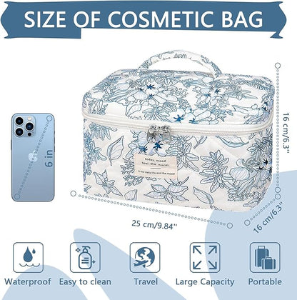 Large Makeup Bag, Cute Cosmetic Bag for Women Girls, Floral Coquette Aesthetic Toiletry Bag, Travel Make Up Organizer Bag (Navy Blue)