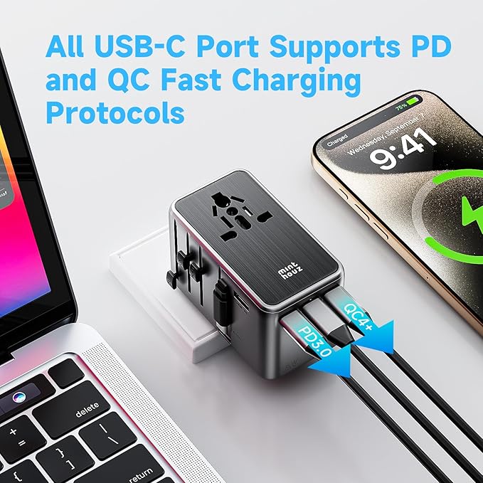 Minthouz Universal Travel Adapter, International 35W Power Adapter GaN Fast Charger with 3 USB-C PD & Cable & 1 USB-A Ports, All-in-One Portable AC Power Plug Adapter for USA EU UK AUS and More
