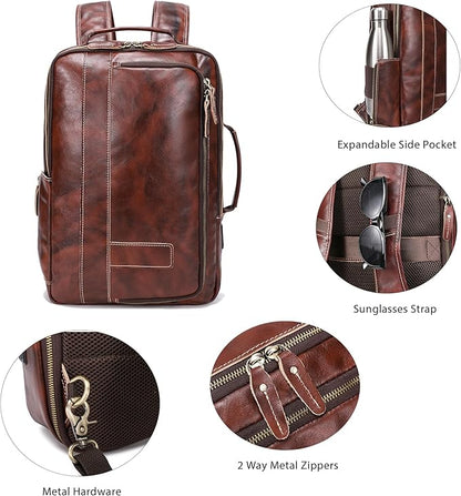 LANNSYNE Vegetable Tanned Leather Backpack for men, Expandable Leather Backpack Fits 15.6 Laptop, Tote Shoulder Travel Bag Rucksack