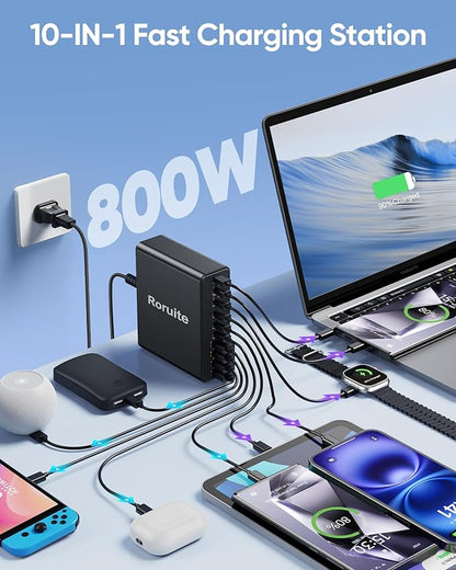 800W USB Charging Station, 120W PD GaN5 Super Fast USB C Charger Block-10 Port, Type C for PC Laptop MacBook Pro/Air Charger Compatible with iPhone 17 16 15 14 13 12 Pro Max, iPad, Galaxy (Black)