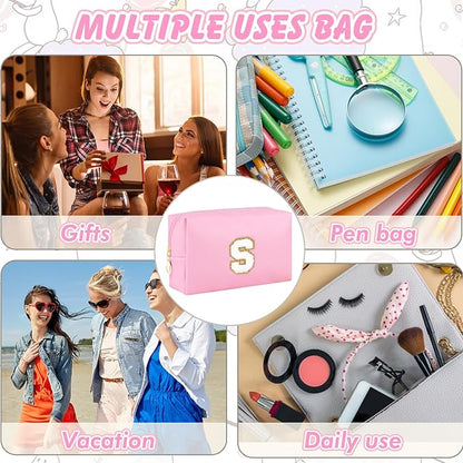 Patch Makeup Bag Travel Small Cosmetic Bag Pink PU Makeup Pouch Zippered Personalized Preppy Initial Skin Care Stuff Bag for Women Birthday Gift Teen Girl Gifts Trendy Stuff(S)