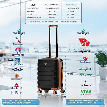 Flight Knight 22x14x9 Expandable Carry On Suitcase Hardside TSA Lock USB C Port Lightweight Luggage Silent Double Spinner Wheels Maximum Overhead Carry-On Bag For American & United Approved Airlines