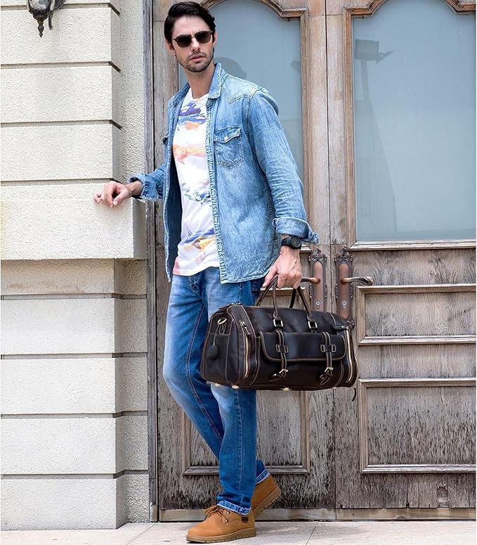 Full-grain Genuine Leather Travel Bag Large Capacity Duffel Luggage Bag with Shoe Compartment, Men Women Shoulder Handbag for Weekend Holiday Business Trip