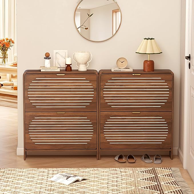 Mid-century Shoe Storage Cabinet with 2 Flip Drawer Arched Fluted Pattern, Farmhouse Slim Curved Corner Wood Shoe Cabinet, Hidden Narrow Shoe Organizer for Entryway,Living Room (Walnut,with Divider)