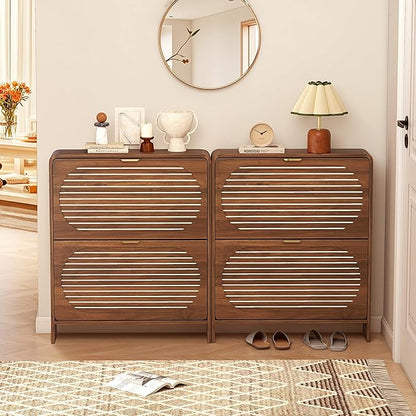 Mid-century Shoe Storage Cabinet with 2 Flip Drawer Arched Fluted Pattern, Farmhouse Slim Curved Corner Wood Shoe Cabinet, Hidden Narrow Shoe Organizer for Entryway,Living Room (Walnut,with Divider)