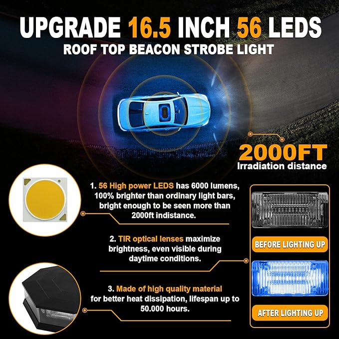 ASPL 16.5 Inch Roof Top Beacon Emergency Strobe Light with Controller 56 LED Magnetic Warning Caution lights bar Traffic Hazard Plow Light for Trucks Vehicles Construction Snowplow (Blue)