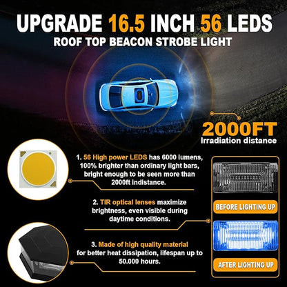 ASPL 16.5 Inch Roof Top Beacon Emergency Strobe Light with Controller 56 LED Magnetic Warning Caution lights bar Traffic Hazard Plow Light for Trucks Vehicles Construction Snowplow (Blue)