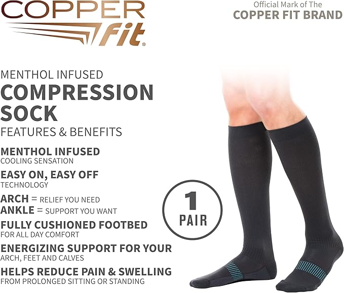 Copper Fit womens Ice Menthol Infused Compression Socks, Black, Small-Medium US