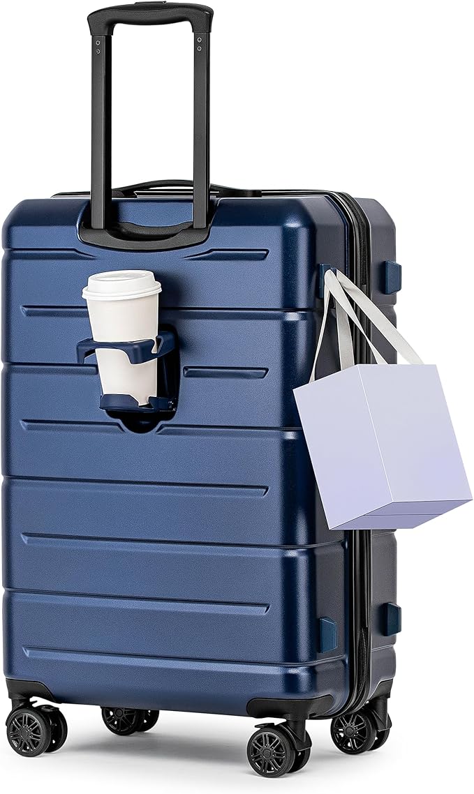 KYME Suitcases with Wheels Hard Shell 26 Inch Luggage with TSA Lock Durable Medium Checked Travel Rolling Luggage with Cup Holder for Women Men Navy