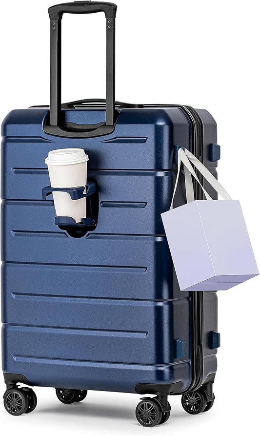 KYME Suitcases with Wheels Hard Shell 26 Inch Luggage with TSA Lock Durable Medium Checked Travel Rolling Luggage with Cup Holder for Women Men Navy