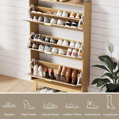 Shoe Cabinet Storage for Entryway with 3 Flip Drawers, Fluted Narrow Shoe Organizer with Wooden Legs, Freestanding Slim Shoe Storage Hidden Shoe Rack Organizer for Front Door Entrance, Oak