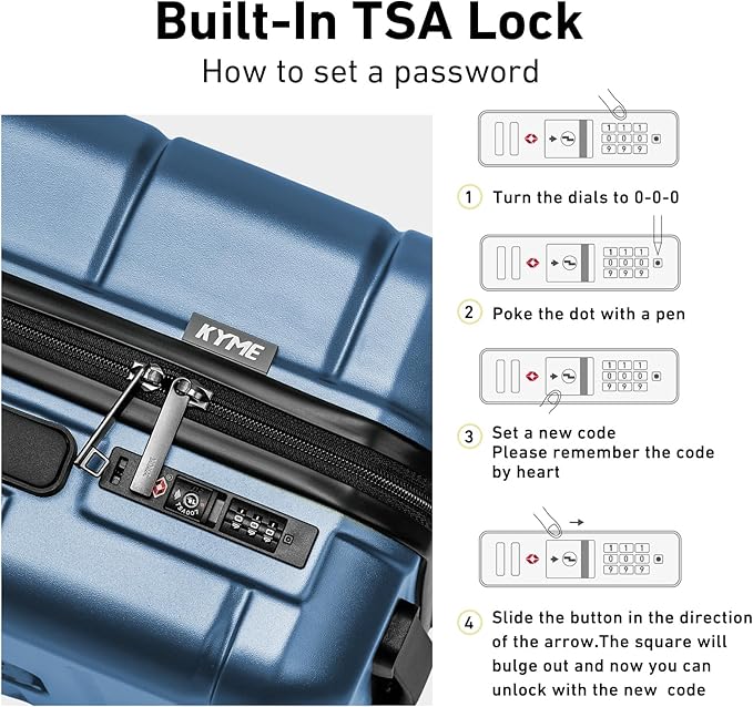 KYME Carry On Luggage 22x14x9 Airline Approved with Cup Holder Hardside Carry On Suitcase with Spinner Wheels TSA Lock Hardshell 22 inch Travel Rolling Luggage for Women Men Blue