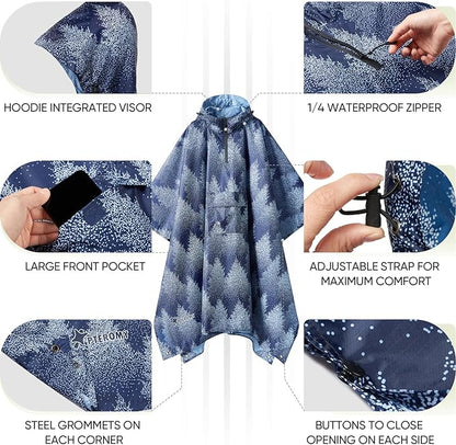 PTEROMY Hooded Rain Poncho for Adult with Pocket, Waterproof Lightweight Unisex Raincoat for Hiking Camping Emergency