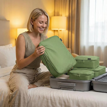 Compression Packing Cubes for Travel, 6-Piece Set (L/M/S), Double-Zip Luggage Organizers with Mesh Panels, Space-Saving Clothes Storage Bags for Suitcase & Carry-On (6 Pack, Forest Green)