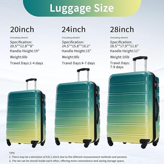 Merax Luggage Sets 3 Piece, Hardside Expandable Suitcase Set with Spinner Wheels, Lightweight Multicolor 20+24+28 IN Suitcase with Carry on Luggage, Green and Yellow