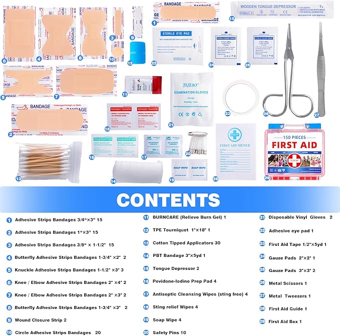 Mini First Aid Kit - 150 Pieces Emergency Medical Kit for Home, Car, Travel, Camping, Truck, Hiking, Sports, Office, Vehicle & Outdoor Emergencies