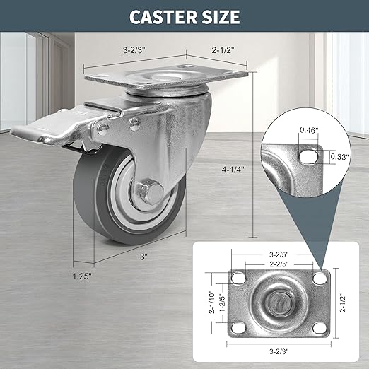 3 Inch Caster Wheels - Set of 4 Heavy Duty Rubber Castors With Brake 1200Lbs, Silent Industrial Plate Casters for Cart Furniture Workbench (4 Brake#01)