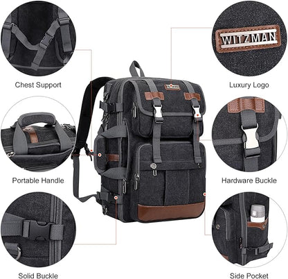 WITZMAN Canvas Travel Backpack for Men Large Laptop Backpack Fit 16 inch Carry-on Airline Approved Convertible Shoulder Rucksack(A6617-3 Black)