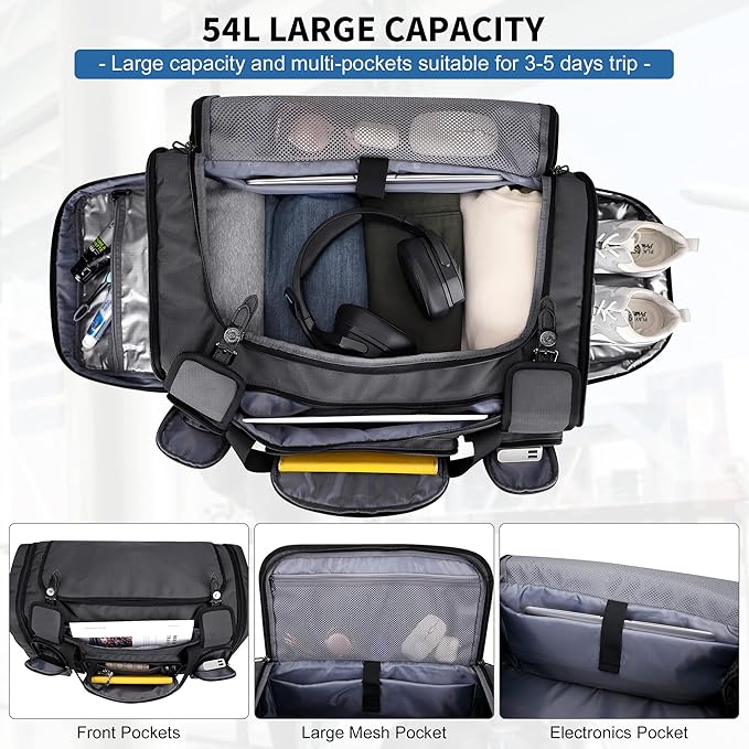 WITZMAN Duffle Bag for Men Large Carry On Weekender Bag 54L Nylon Duffle Gym Bags for Travel with Shoes Compartment(B717 Silvery Grey)