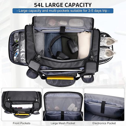 WITZMAN Duffle Bag for Men Large Carry On Weekender Bag 54L Nylon Duffle Gym Bags for Travel with Shoes Compartment(B717 Silvery Grey)