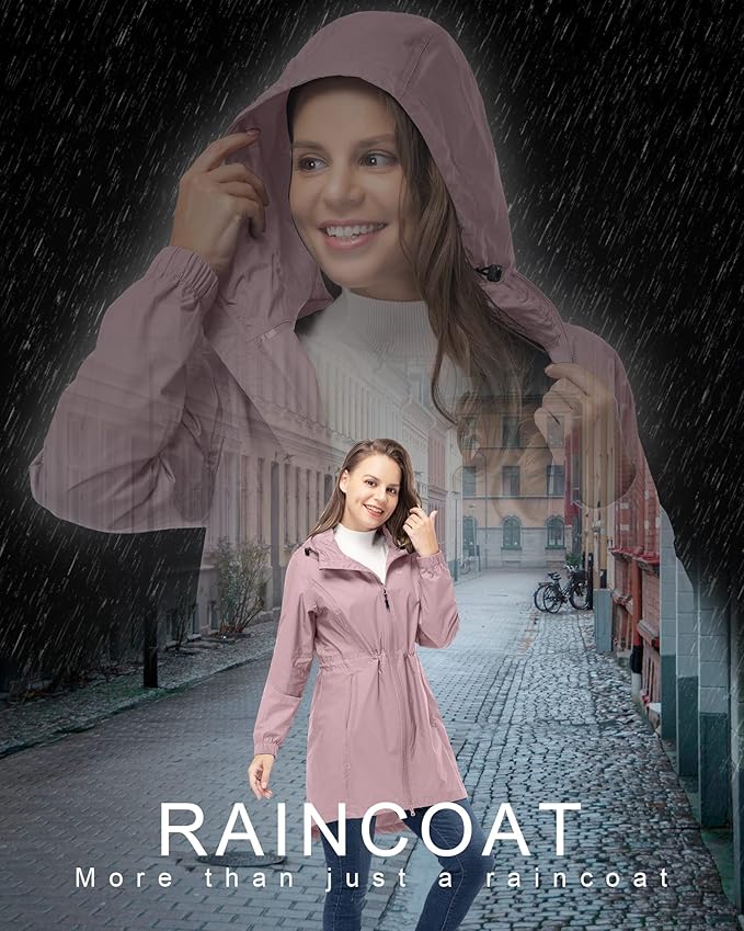 33,000ft Women's Waterproof Long Rain Coats Packable Rain Jacket with Hood Trench Coats Windbreaker