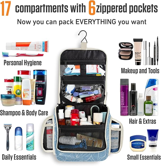 VENTURE 4TH Hanging Travel Toiletry Bag for Women & Men – Large Toiletry Organizer with 17 Compartments, Removable TSA Pouch, Travel Wash Bag for Toiletries, Makeup & Shaving Kit (Blue Flowers)