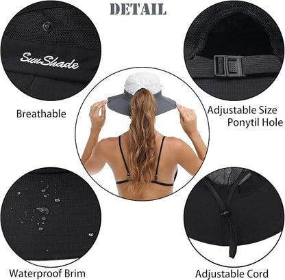 Womens Summer Sun Hat Beach Hat Wide Brim Outdoor UV Protection Hat Foldable Cool Mesh Ponytail Bucket Hat