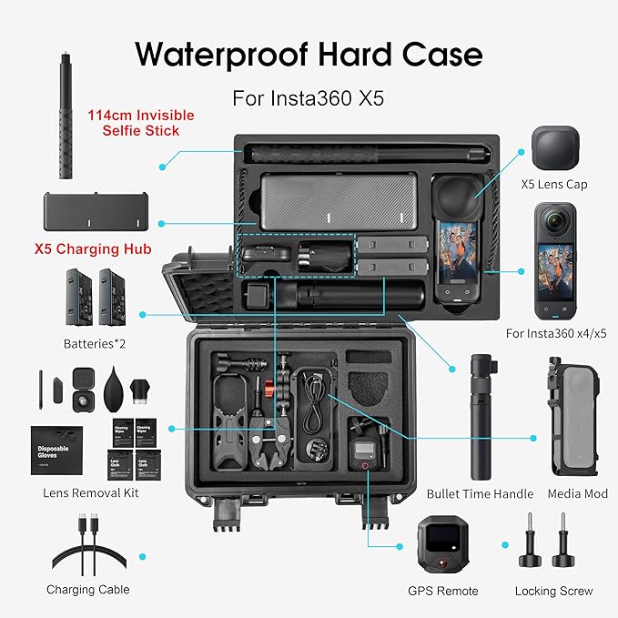 Hard Case for Insta360 X5 Bundle Double Layers Large Capacity Organizer IP67 Travel Hard Carrying Case for Insta 360 X5 114cm Invisible Selfie Stick Accessories