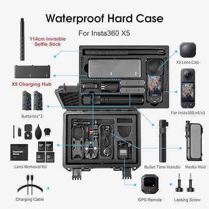 Hard Case for Insta360 X5 Bundle Double Layers Large Capacity Organizer IP67 Travel Hard Carrying Case for Insta 360 X5 114cm Invisible Selfie Stick Accessories