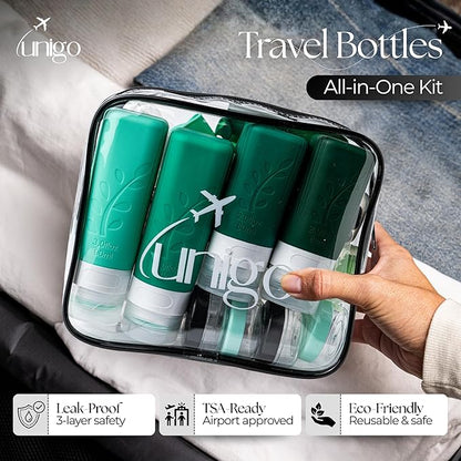 unigo 30pack Full Set TSA Approved Travel Bottles for toiletries, Travel Size Containers for Toiletries, Refillable Leakproof Shampoo and Conditioner Bottles, Toiletry Containers (Green)