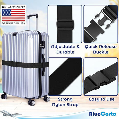 Luggage Straps for Suitcases - TSA Approved - Black, 4 PK - Premium Nylon Belts for Suitcase, Briefcase & Travel Bag - Adjustable Strap Length 46" - 78"