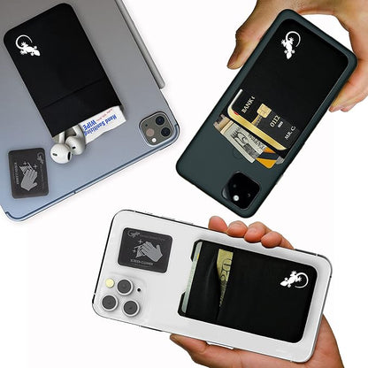 Double Pocket Gecko Phone Wallet - Smartphone Adhesive Card Holder - Cell Phone Pouch - Mobile Stick on Spandex Pocket by Gecko - Carry Credit Cards and Cash – (BLACK-WHITE)