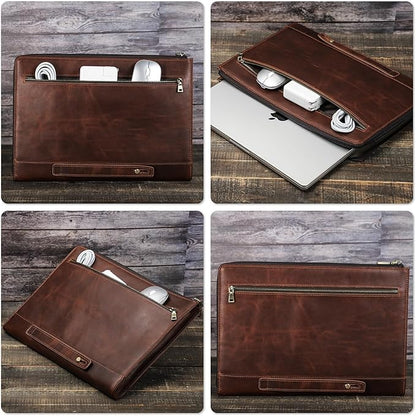 Top Grain Leather Text Customizable Laptop Sleeve Bag, Vintage Design with Multiple Pockets, Fully Handmade, Compatible with MacBook Pro/Air & iPad Pro/Air & Other PC & Accessories