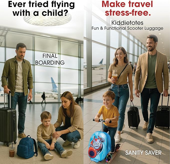 KIDDIETOTES Hardshell Kids Suitcase Scooter - Airline Approved Suitcase with Scooter - Foldable with LED Light-Up Wheels