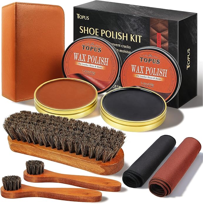 TOPUS Shoe Polish Kit Include 3 Pieces Horsehair Shoe Brushes in 6.7IN Handle, 1.4oz Black & Brown Shoe Polish & Shine Cloths