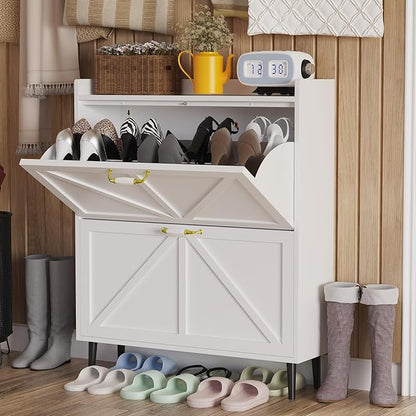 Shoe Storage Cabinet for Entryway with 2 Flip Drawers, Narrow Metal Shoe Cabinet with Anti-Tip, Holds 12-16 Pairs, Freestanding Shoes Cabinets Storage for Entryway, Foyer, Hallway (White)