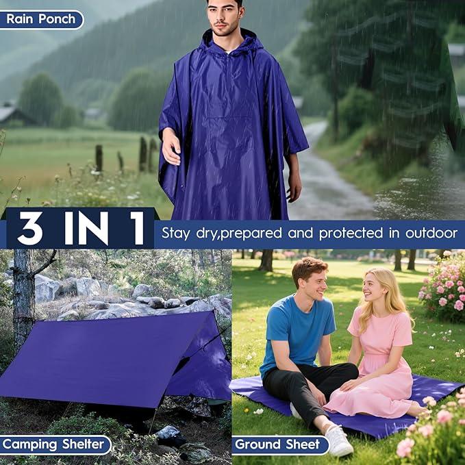 Bruvoalon 3-in-1 Rain Poncho with 1/4 Zip & Chest Pocket, Waterproof, Sunshade, Ground Mat for Adults & Youth Emergency