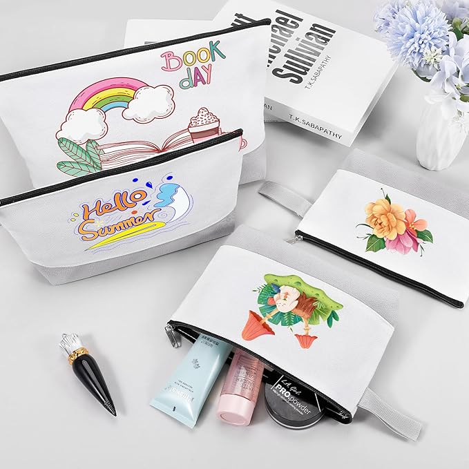 10 Pieces Cotton Canvas Makeup Bag with Bottom and Strap, Multi-Purpose Cosmetic Bag with Zipper Travel Toiletry Pouch, Blank DIY Craft Bag (White&Grey, M)