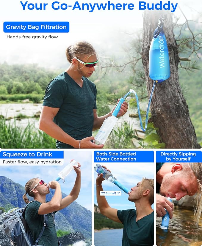 Waterdrop Gravity Water Filter Straw, Camping Water Filtration System, Water Purifier Survival for Travel, Backpacking and Emergency Preparedness, 1.5 gal Bag, 0.1 Micron, 5 Stage Filtration