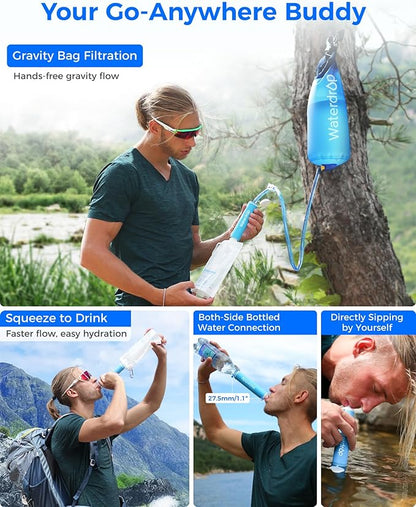 Waterdrop Gravity Water Filter Straw, Camping Water Filtration System, Water Purifier Survival for Travel, Backpacking and Emergency Preparedness, 1.5 gal Bag, 0.1 Micron, 5 Stage Filtration