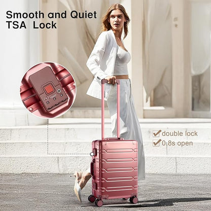 All Aluminum Carry On Luggage 22x14x9 Airline Approved，Zipperless Luggage Premium Aluminum Suitcase Luggage, Hard Shell Carry On Luggage with Spinner Wheels (rose gold, 20inch)