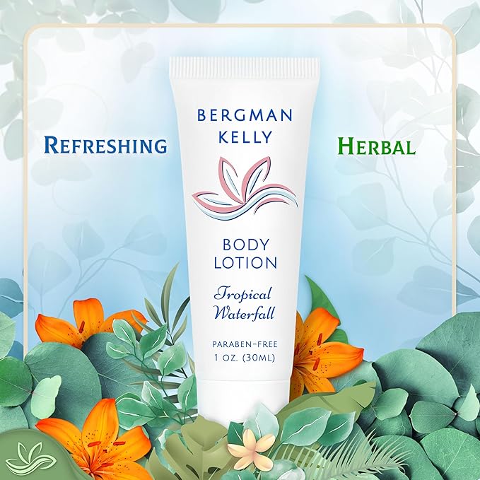 BERGMAN KELLY Hotel Toiletries Bundle (Tropical Waterfall, 1 oz each, 200 Pieces) 4-Piece Set: 50 Rectangular Bar Soap, 50 Shampoo, 50 Conditioner & 50 Body Lotion - Bulk Mini Guest Amenities