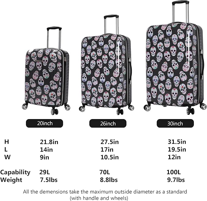 Betsey Johnson Designer Luggage Collection - Expandable 3 Piece Hardside Lightweight Spinner Suitcase Set - Travel Set includes 20-Inch Carry On, 26 inch and 30-Inch Checked Suitcase (Skull Party)