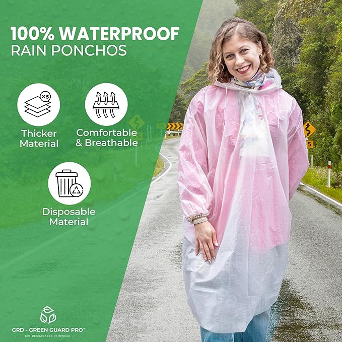 Eco-Friendly Rain Ponchos - Bio-degradable Disposable Clear Poncho with Drawstrings and Adjustable Hood, Family Pack of 5