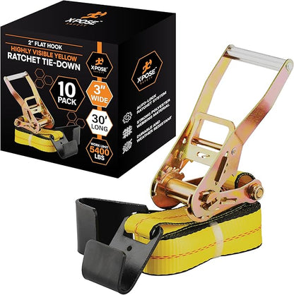 Ratchet Straps Heavy Duty 3" x 30' – 16,200 lbs Break Strength Tie Down Straps with Flat Hooks, Ratcheting Cargo Straps for Truck, Trailer, Kayak, Motorcycle & Moving – 10 Pack