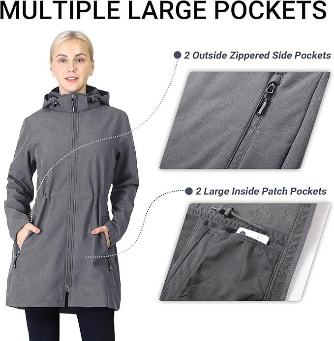 Outdoor Ventures Women's Softshell Jacket with Removable Hood Fleece Lined Windbreaker Insulated Long Warm Rain Jacket