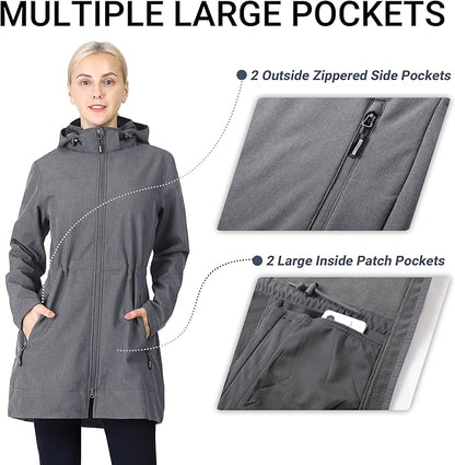 Outdoor Ventures Women's Softshell Jacket with Removable Hood Fleece Lined Windbreaker Insulated Long Warm Rain Jacket